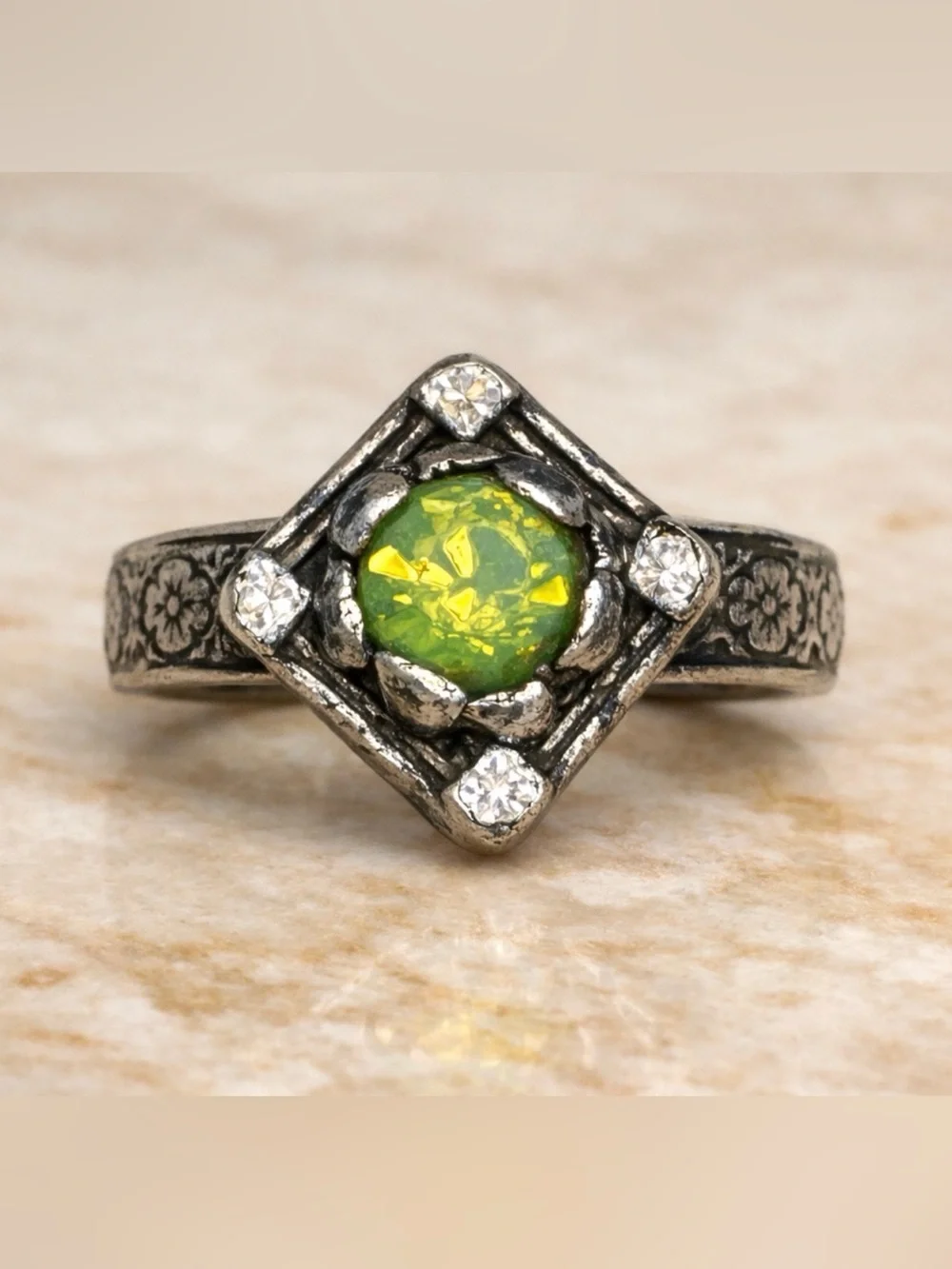 Opal Antique Ring Floral Engraving